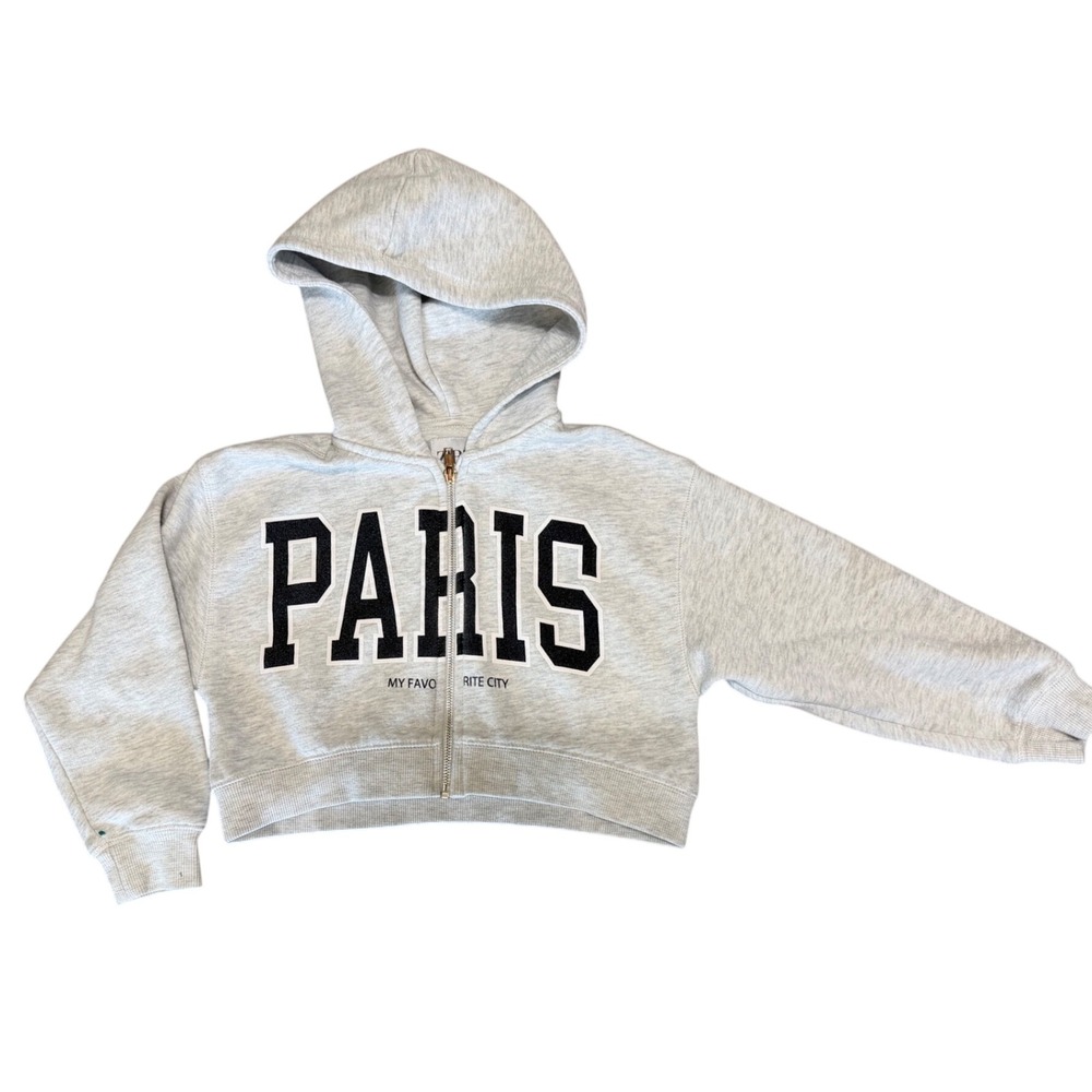 Zara Girl's Paris Cropped Zip Up Hoodie Gray Heather Sweatshirt Size 8-9 130cm